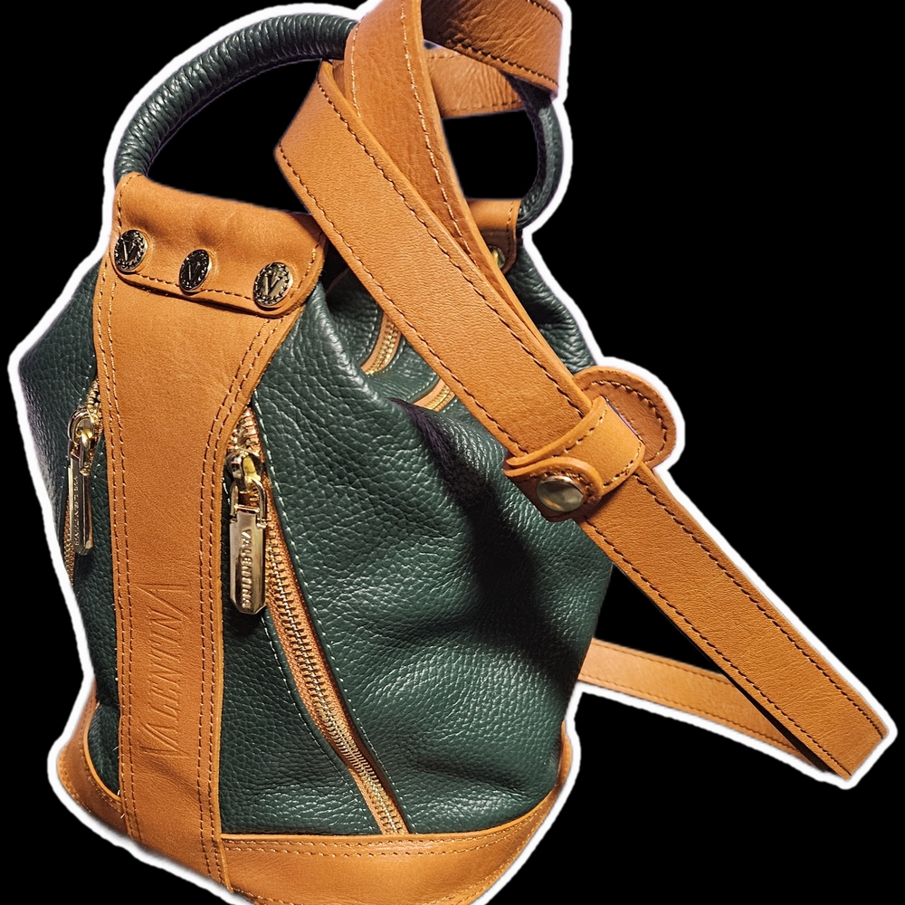 Valentina Green and Tan Leather Bucket Bag